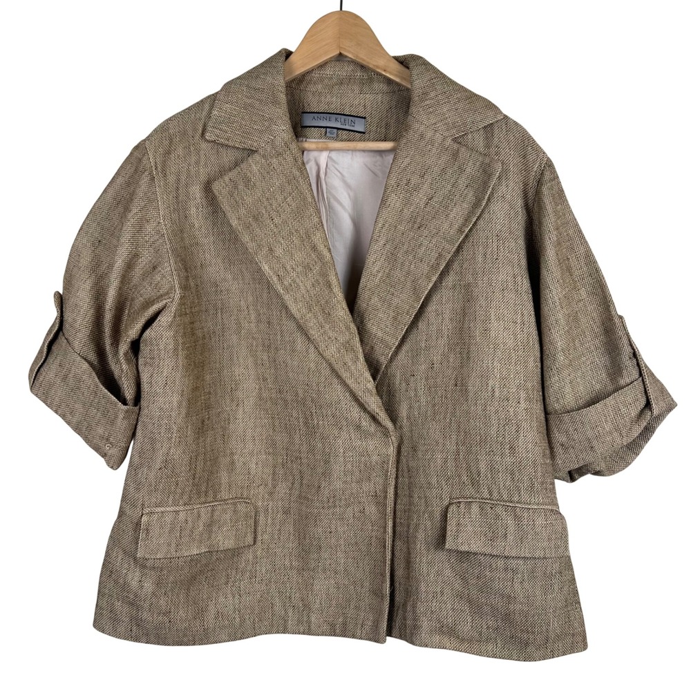 Anne Klein New York Tan Jute Linen Cotton Short Sleeve Blazer Jacket 14P Petite